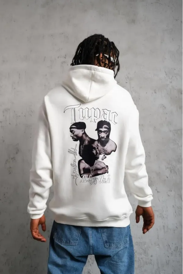 Erkek Oversize Üç İplik Kapüşonlu Sweat Kol ve Etek Ribana Detaylı Ön ve Sırt - Beyaz