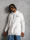 Erkek Kol ve Etek Ribana Baskılı Kapüşonlu Sweat - Beyaz