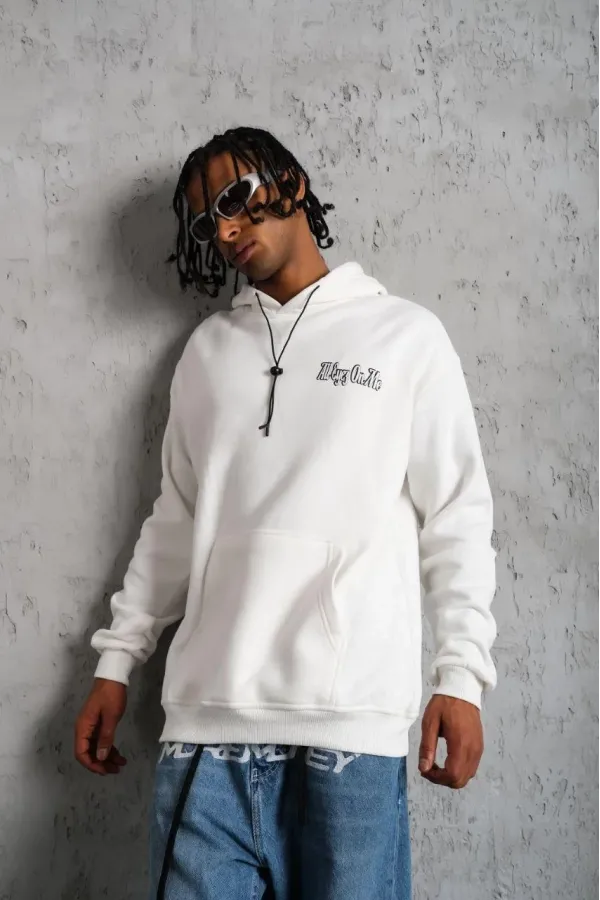Erkek Oversize Üç İplik Kapüşonlu Sweat Kol ve Etek Ribana Detaylı Ön ve Sırt - Beyaz