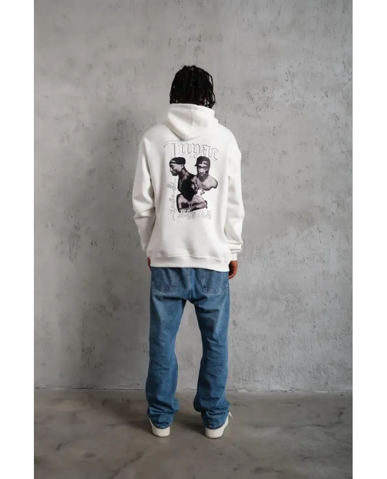 Erkek Kol ve Etek Ribana Baskılı Kapüşonlu Sweat - Beyaz