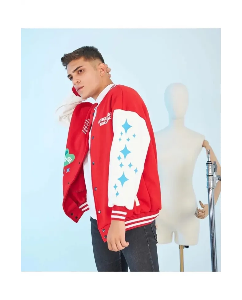 Erkek Kolları Yıldız Sırt Baskılı Oversize Kolej Ceket - Kırmızı