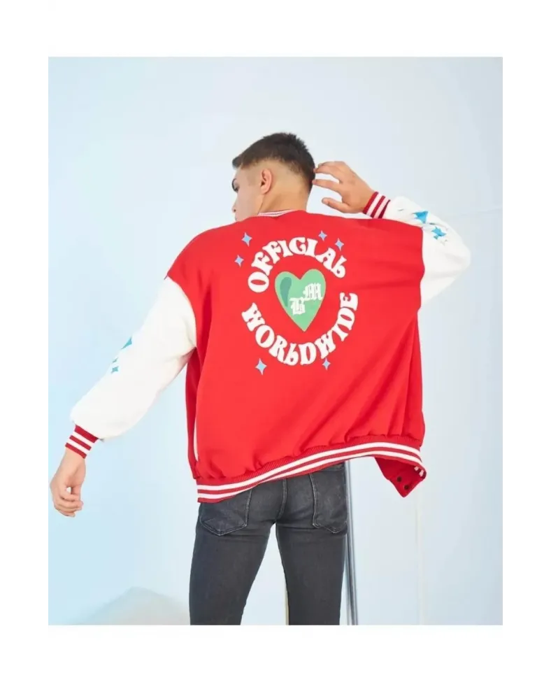 Erkek Kolları Yıldız Sırt Baskılı Oversize Kolej Ceket - Kırmızı