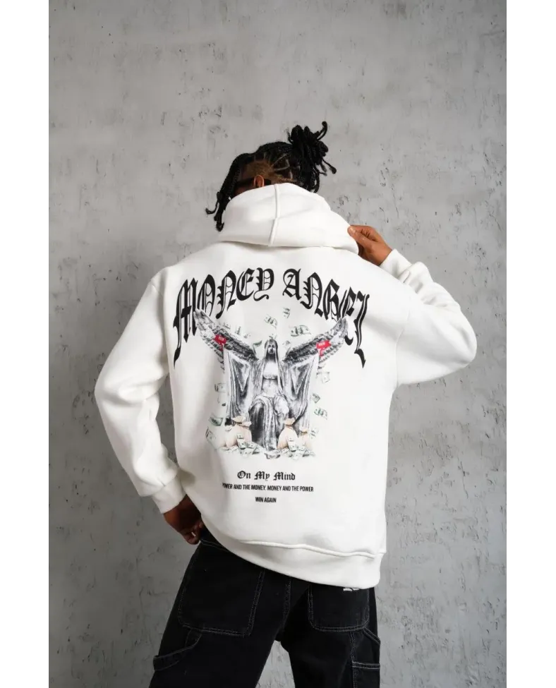 Erkek Kordon İpli Baskılı Kapüşonlu Sweatshirt - Beyaz