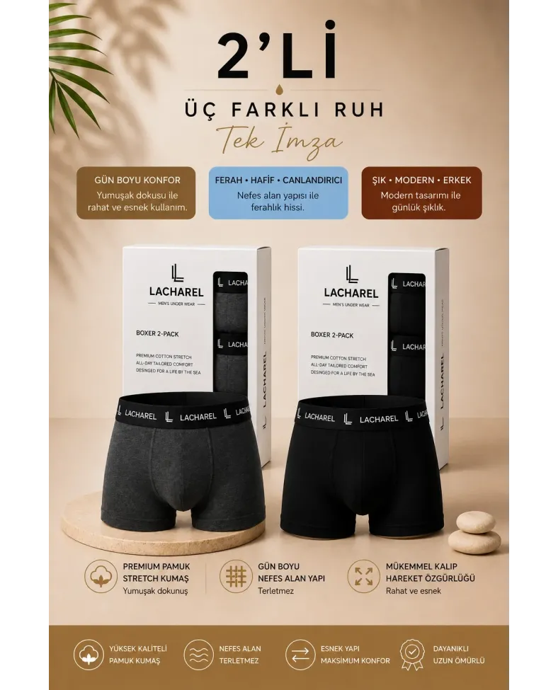 Erkek Likralı Pamuklu Nefes Alan Penye Boxer 2'Li Paket - Füme & Siyah