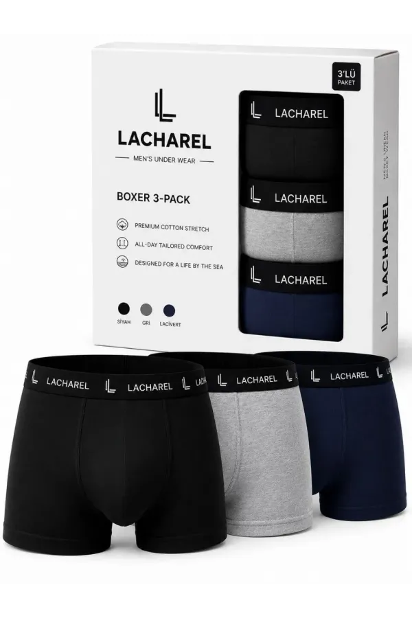 Erkek Likralı Pamuklu Nefes Alan Penye Boxer 3'lü Paket - Siyah - Gri - Lacivert