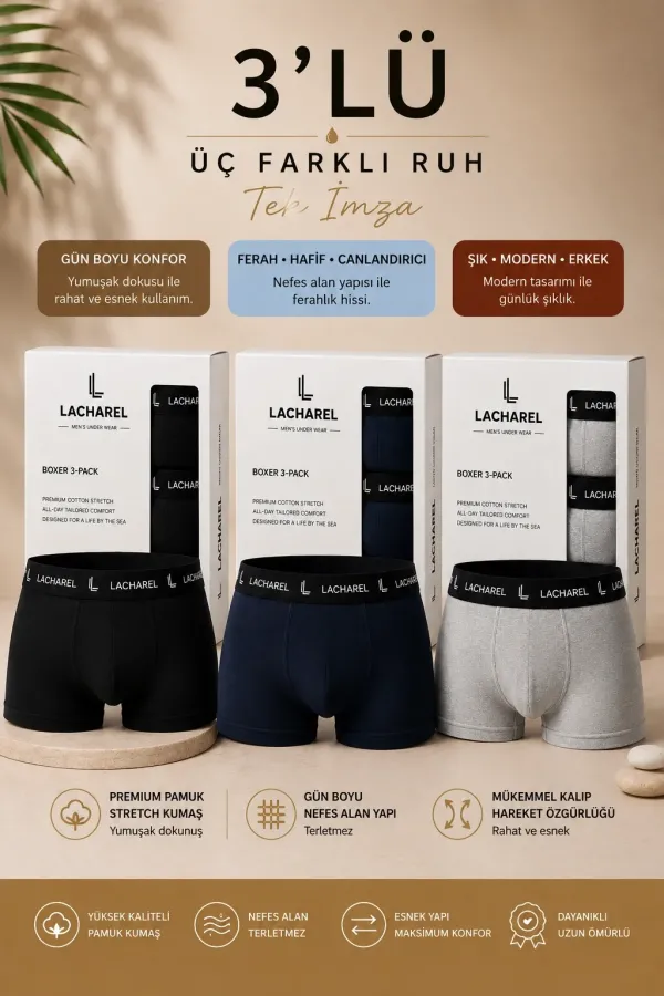 Erkek Likralı Pamuklu Nefes Alan Penye Boxer3'Lü Paket - Siyah & Gri & Lacivert