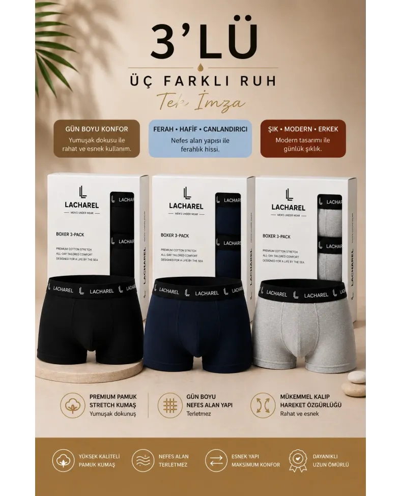 Erkek Likralı Pamuklu Nefes Alan Penye Boxer3'Lü Paket - Siyah & Gri & Lacivert