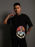 Erkek Mario Baskılı T-Shirt Oversize Kısa kol Bisiklet yaka tişort - Siyah