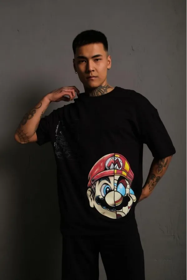 Erkek Mario Baskılı T-Shirt Oversize Kısa kol Bisiklet yaka tişort - Siyah