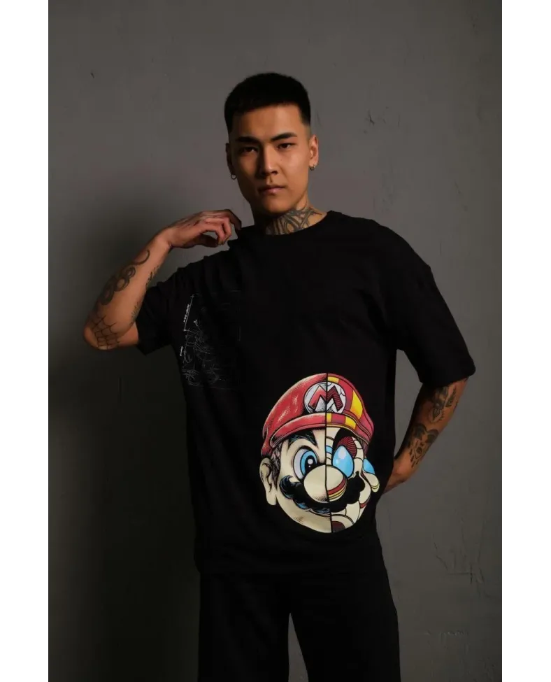 Erkek Mario Baskılı T-Shirt Oversize Kısa kol Bisiklet yaka tişort - Siyah