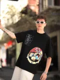 Erkek Mario Baskılı T-Shirt Oversize Kısa kol Bisiklet yaka tişort - Siyah