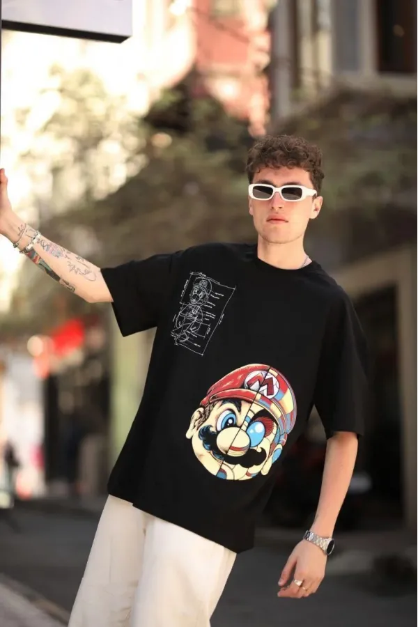 Erkek Mario Baskılı T-Shirt Oversize Kısa kol Bisiklet yaka tişort - Siyah