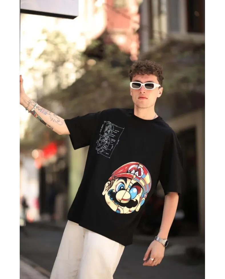 Erkek Mario Baskılı T-Shirt Oversize Kısa kol Bisiklet yaka tişort - Siyah