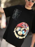 Erkek Mario Baskılı T-Shirt Oversize Kısa kol Bisiklet yaka tişort - Siyah