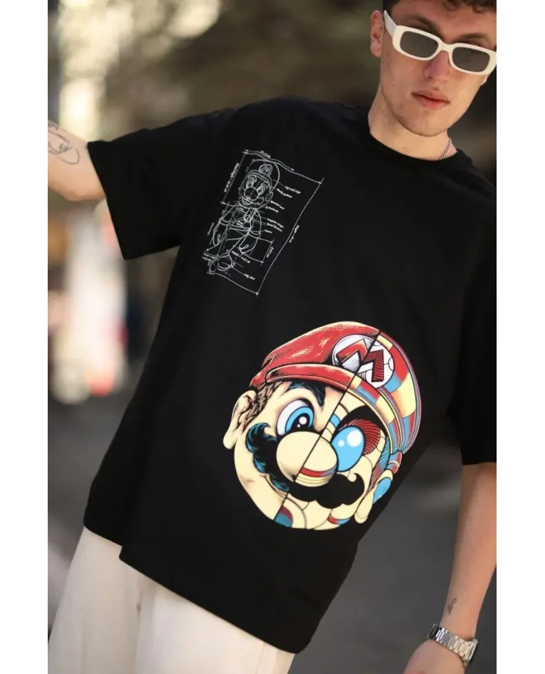 Erkek Mario Baskılı T-Shirt Oversize Kısa kol Bisiklet yaka tişort - Siyah