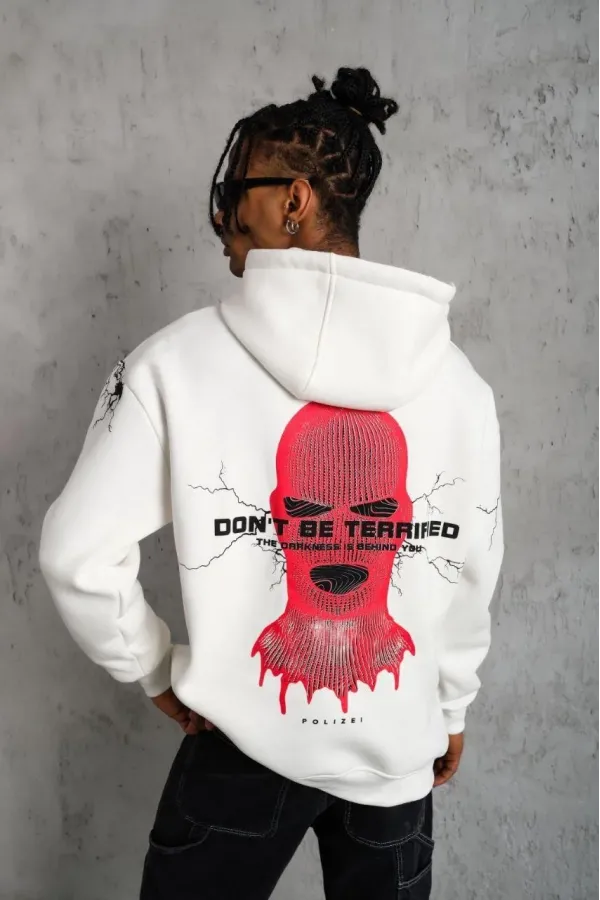Erkek Oversize Üç İplik Kapüşonlu Sweatshirt Don’t Be Terrified Ön Sırt ve Kol - Beyaz
