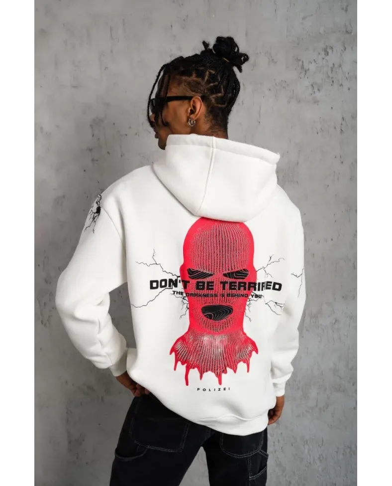 Erkek Oversize Üç İplik Kapüşonlu Sweatshirt Don’t Be Terrified Ön Sırt ve Kol - Beyaz
