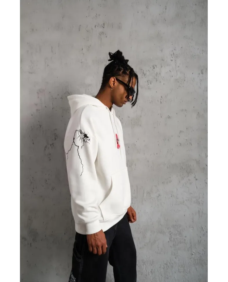 Erkek Oversize Üç İplik Kapüşonlu Sweatshirt Don’t Be Terrified Ön Sırt ve Kol - Beyaz