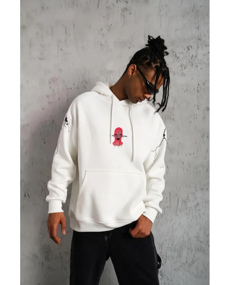 Erkek Oversize Üç İplik Kapüşonlu Sweatshirt Don’t Be Terrified Ön Sırt ve Kol - Beyaz