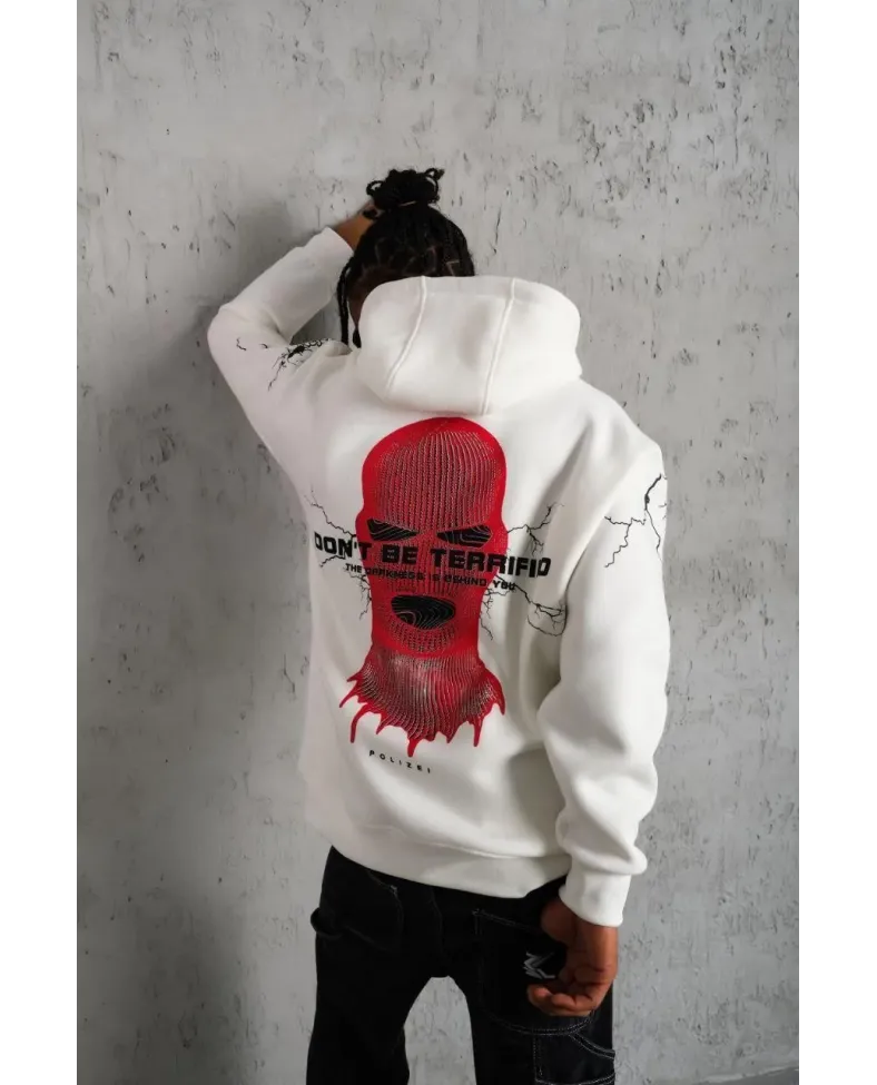 Erkek Oversize Üç İplik Kapüşonlu Sweatshirt Don’t Be Terrified Ön Sırt ve Kol - Beyaz