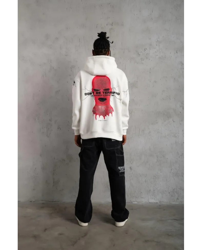 Erkek Oversize Üç İplik Kapüşonlu Sweatshirt Don’t Be Terrified Ön Sırt ve Kol - Beyaz