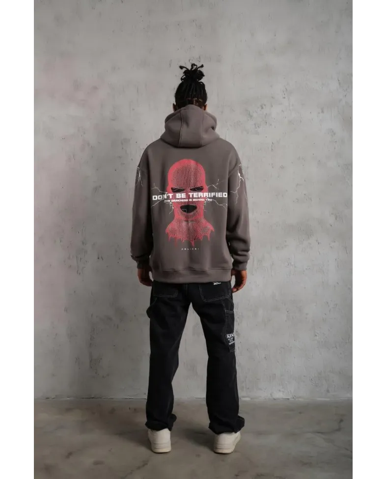 Erkek Maske Baskılı Kapüşonlu Sweat - Gri