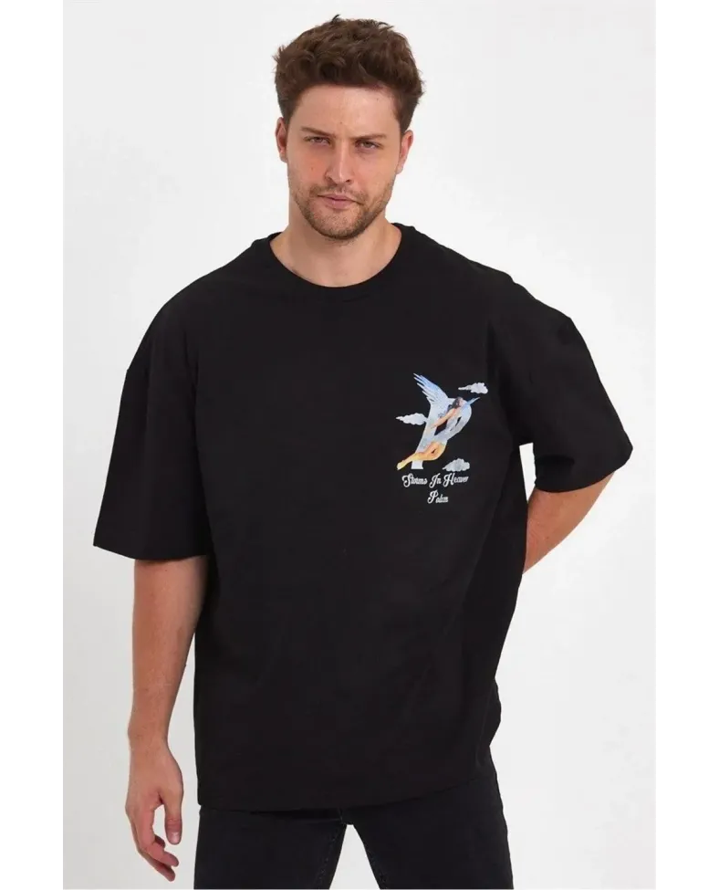 Erkek Melek Baskılı Oversize T-shirt - Siyah