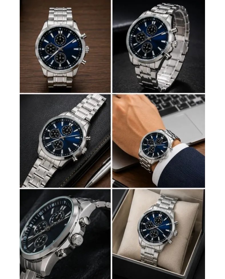 Erkek Metal Kordon Analog Kol Saati Takvim Göstergeli Gümüş Renk Kasa Lacivert Kadran