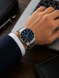 Erkek Metal Kordon Analog Kol Saati Takvim Göstergeli Gümüş Renk Kasa Lacivert Kadran