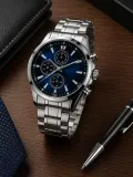 Erkek Metal Kordon Analog Kol Saati Takvim Göstergeli Gümüş Renk Kasa Lacivert Kadran