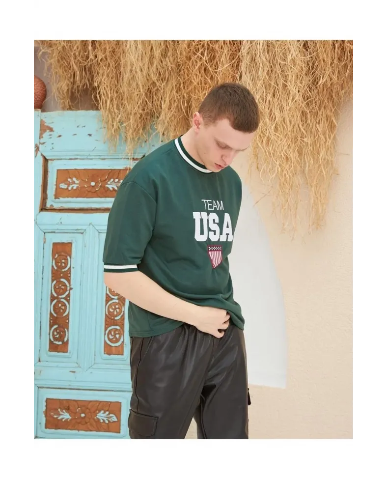 Erkek Nakış İşlemeli Ribanalı Oversize T-shirt - Yeşil