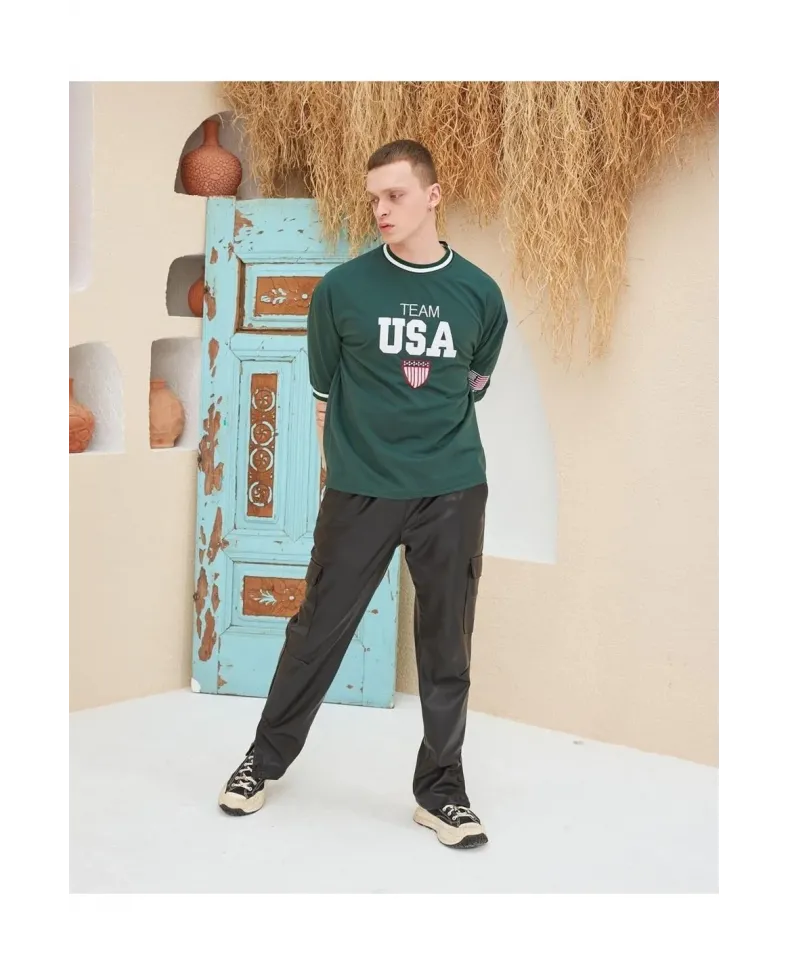 Erkek Nakış İşlemeli Ribanalı Oversize T-shirt - Yeşil