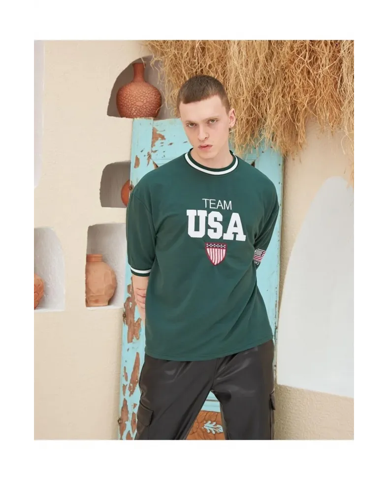 Erkek Nakış İşlemeli Ribanalı Oversize T-shirt - Yeşil