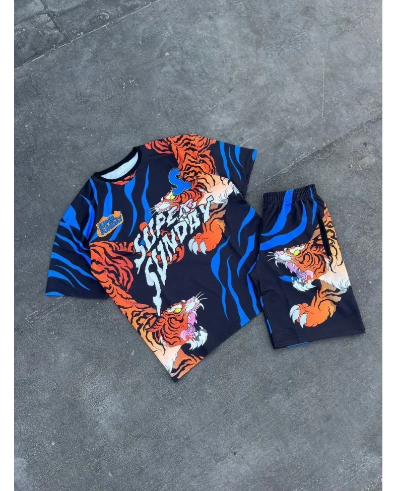 Erkek Dijital Baskılı Şortlu Takım - Mavi