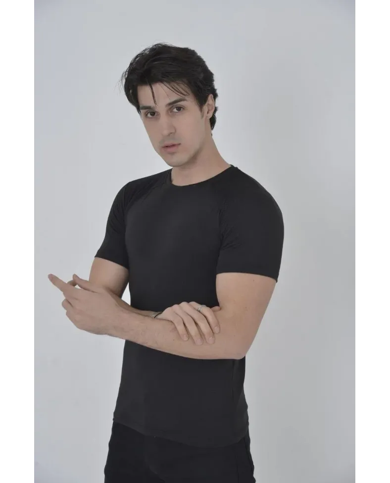 Erkek Omuz Fileli Slim Fit T-shirt - Siyah
