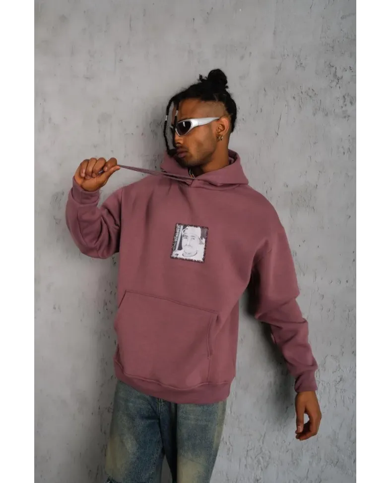 Erkek Ön Arka Baskılı Kapşonlu Sweat - Gül Kurusu