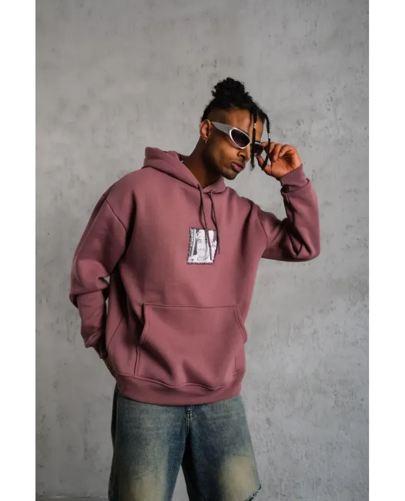 Erkek Ön Arka Baskılı Kapşonlu Sweat - Gül Kurusu