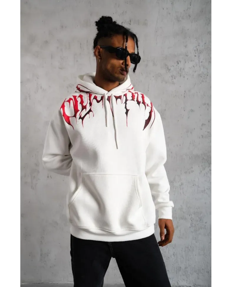 Erkek Ön ve Arka Baskılı Kapüşonlu 3 İplik Sweatshirt - Beyaz