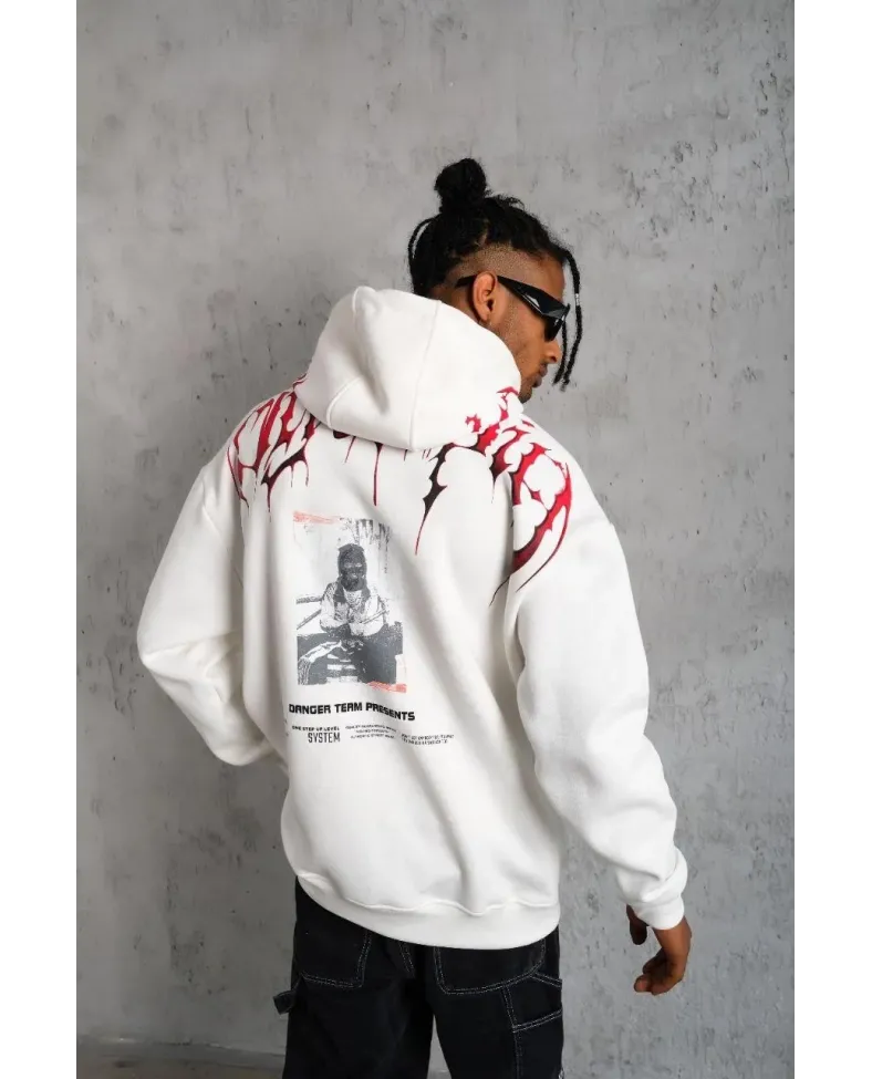 Erkek Ön ve Arka Baskılı Kapüşonlu 3 İplik Sweatshirt - Beyaz