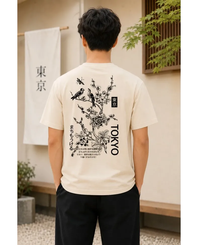 Erkek Ön ve Arka Tokyo Kuş Çiçek Baskılı Oversize T-Shirt - Ekru