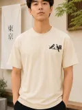 Erkek Ön ve Arka Tokyo Kuş Çiçek Baskılı Oversize T-Shirt - Ekru