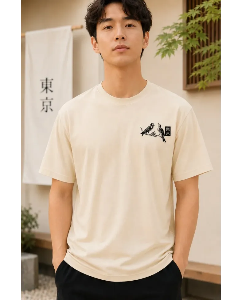Erkek Ön ve Arka Tokyo Kuş Çiçek Baskılı Oversize T-Shirt - Ekru