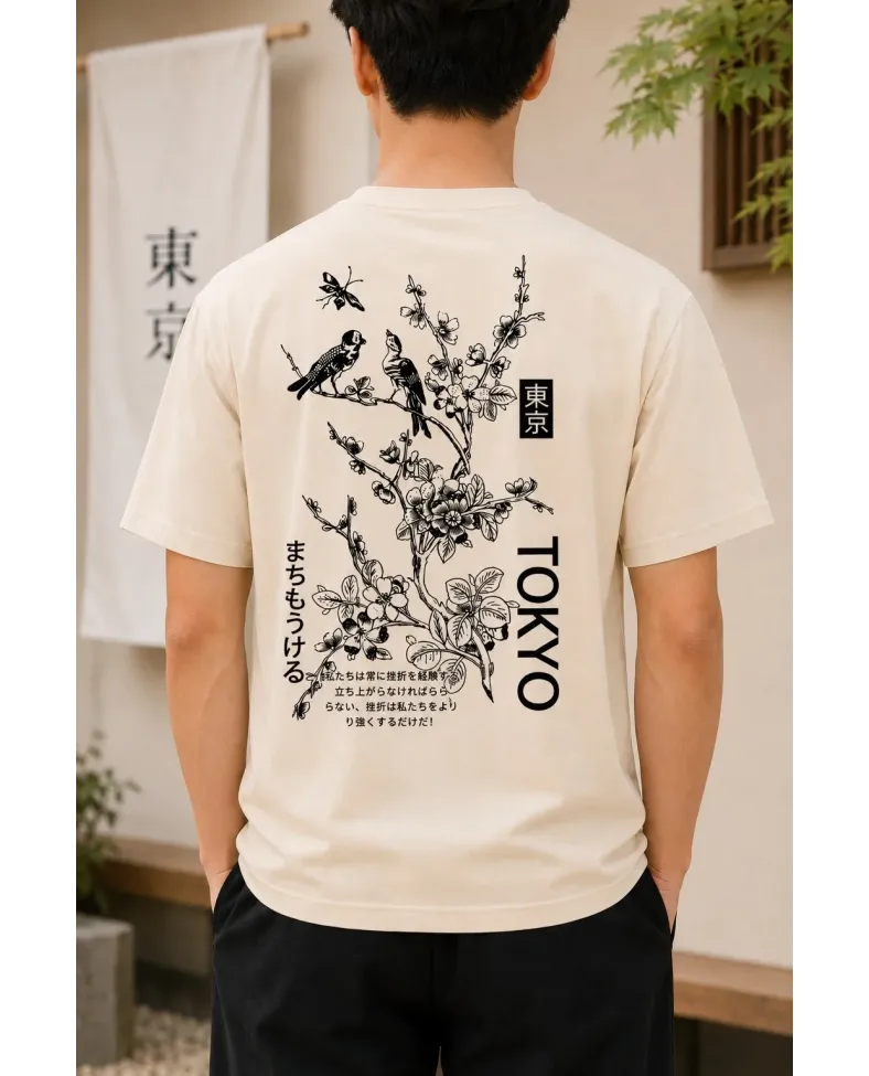 Erkek Ön ve Arka Tokyo Kuş Çiçek Baskılı Oversize T-Shirt - Ekru