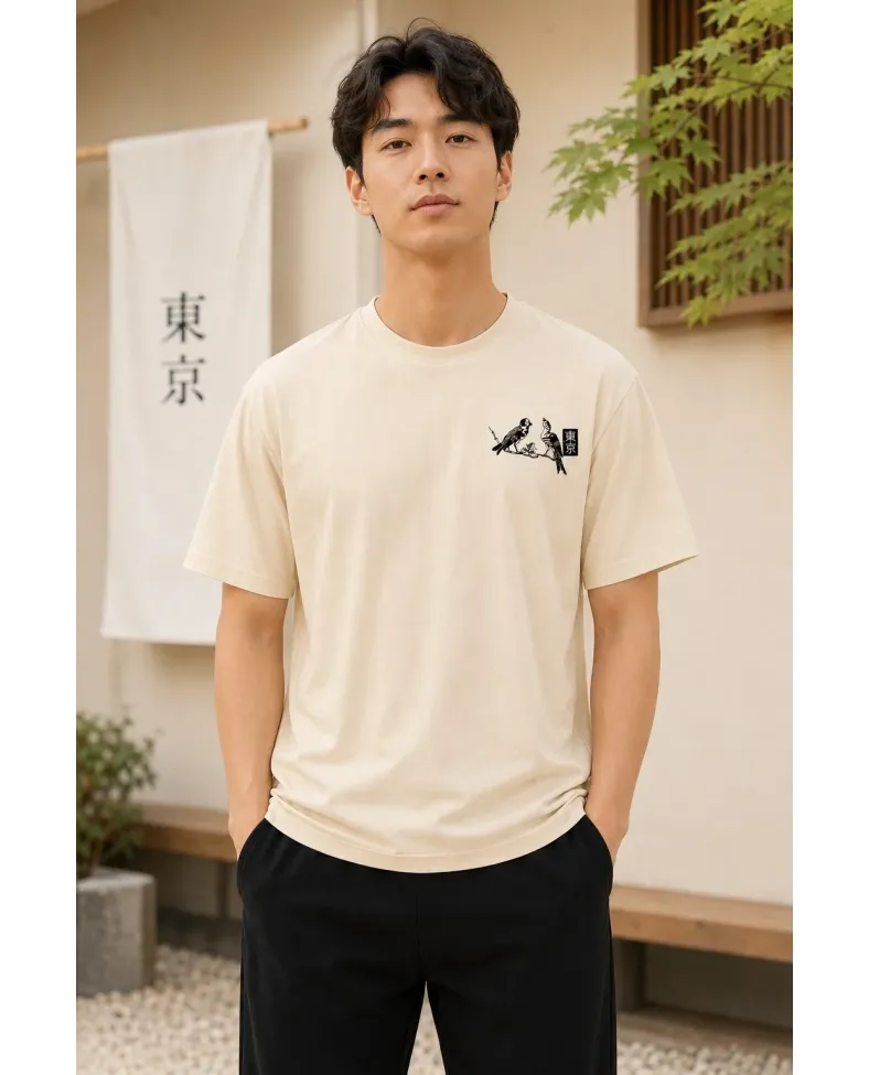 Erkek Ön ve Arka Tokyo Kuş Çiçek Baskılı Oversize T-Shirt - Ekru