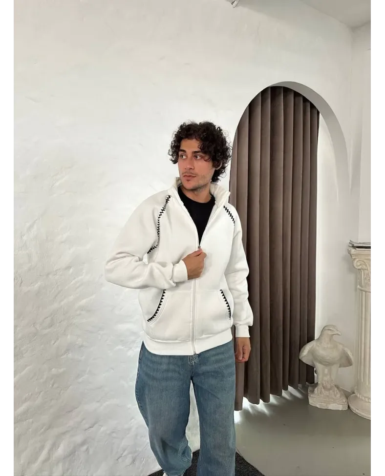 Erkek Oversize Dik Yaka Fermuarlı Sweatshirt - Zincir Nakışli Kanguru Cepli - Beyaz