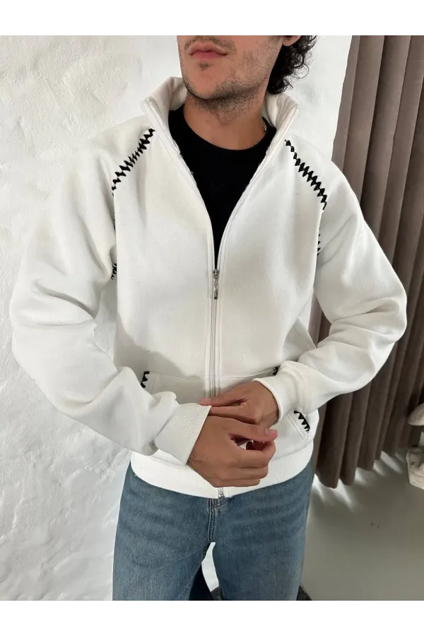 Erkek Oversize Dik Yaka Fermuarlı Sweatshirt - Zincir Nakışli Kanguru Cepli - Beyaz