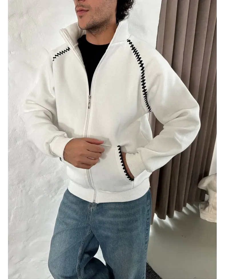 Erkek Oversize Dik Yaka Fermuarlı Sweatshirt - Zincir Nakışli Kanguru Cepli - Beyaz