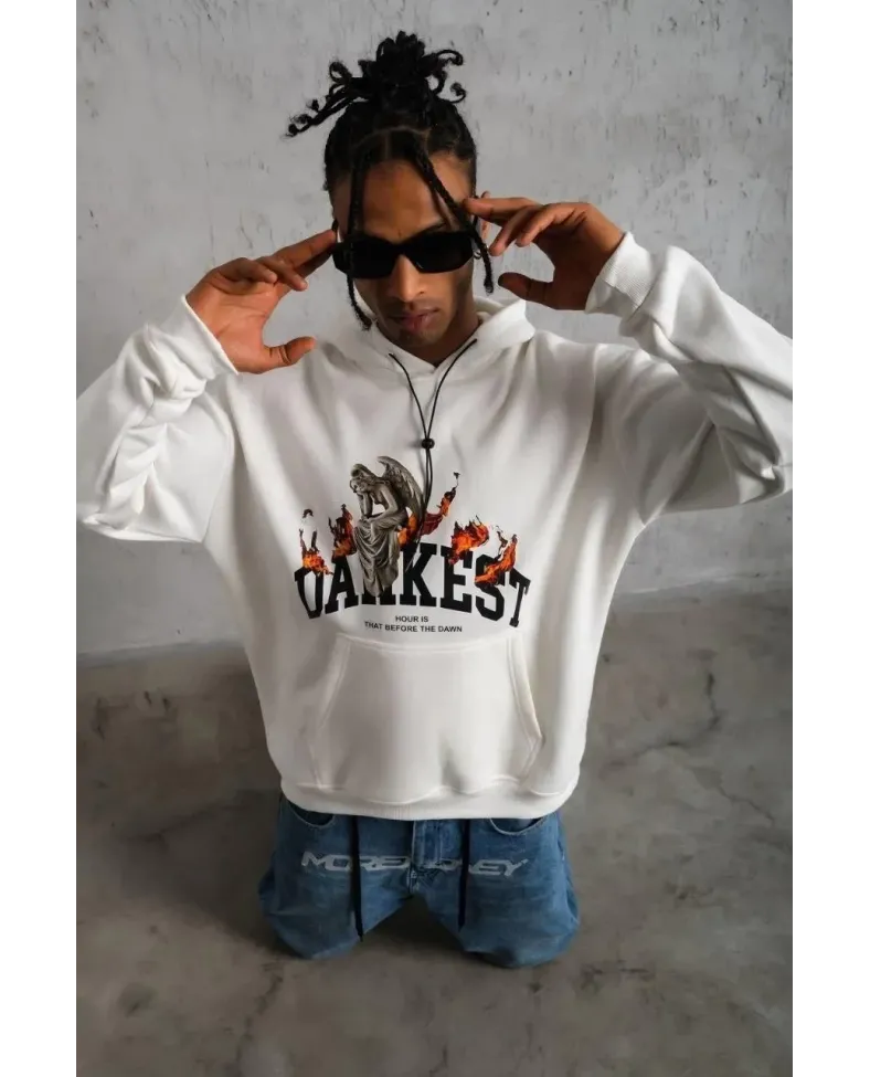 Erkek Oversize Kapüşonlu Sweatshirt Beyaz Üç İplik İçi Pamuklu Kanguru Cepli - Beyaz