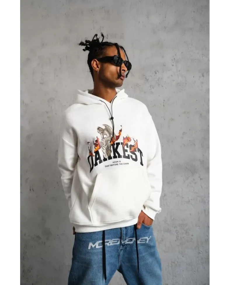 Erkek Oversize Kapüşonlu Sweatshirt Beyaz Üç İplik İçi Pamuklu Kanguru Cepli - Beyaz