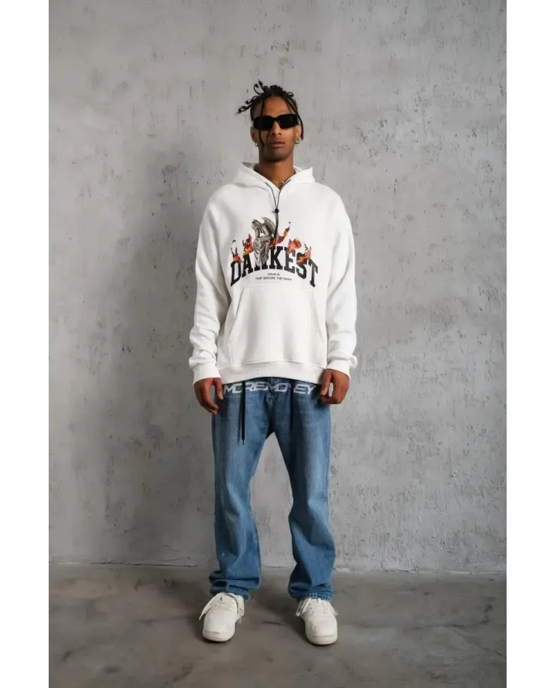 Erkek Oversize Kapüşonlu Sweatshirt Beyaz Üç İplik İçi Pamuklu Kanguru Cepli - Beyaz